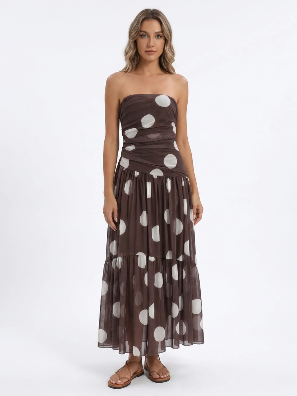 AMARIS Women's Polka Dot Strapless Ruched Mesh Tiered Maxi Dress