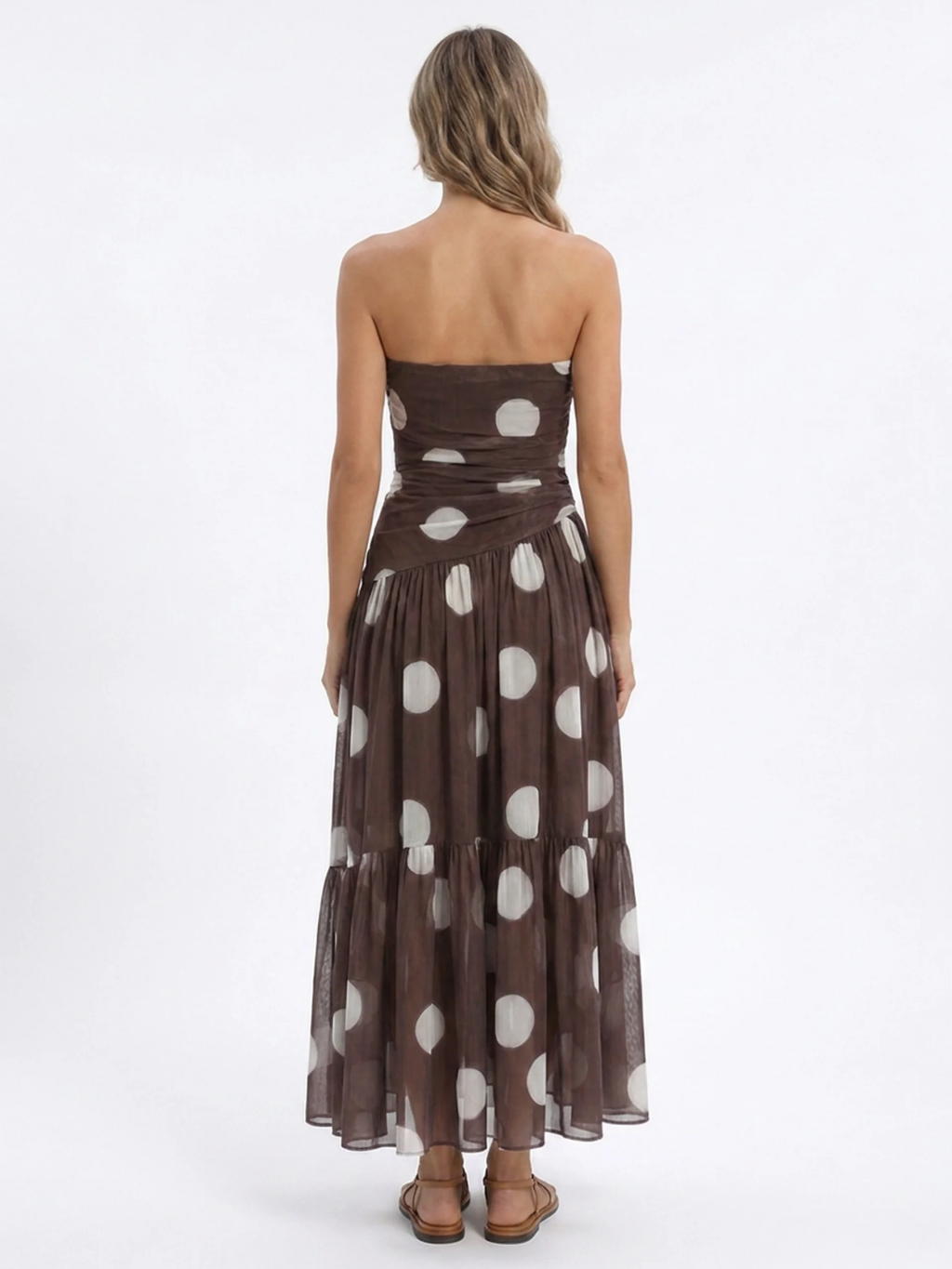 AMARIS Women's Polka Dot Strapless Ruched Mesh Tiered Maxi Dress