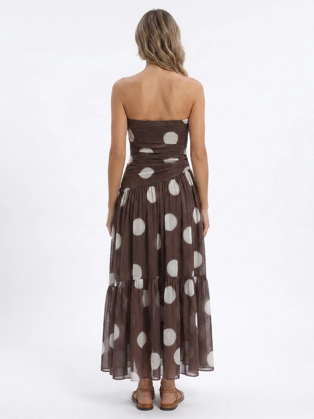 AMARIS Women's Polka Dot Strapless Ruched Mesh Tiered Maxi Dress