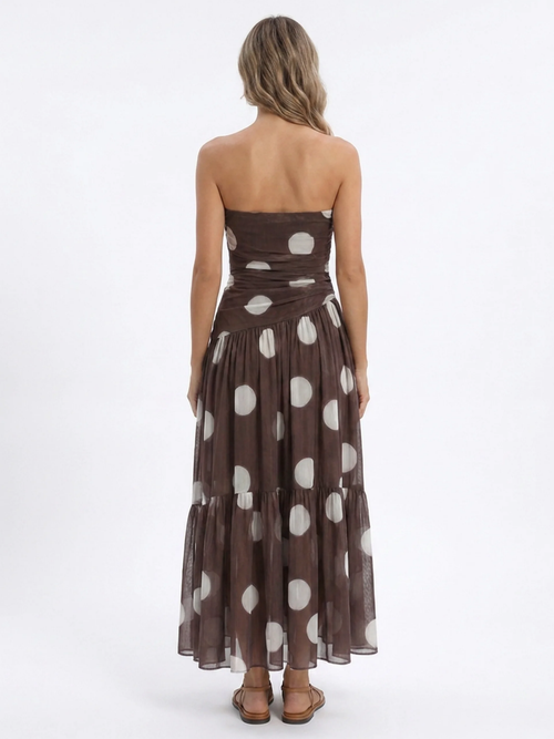 AMARIS Women's Polka Dot Strapless Ruched Mesh Tiered Maxi Dress