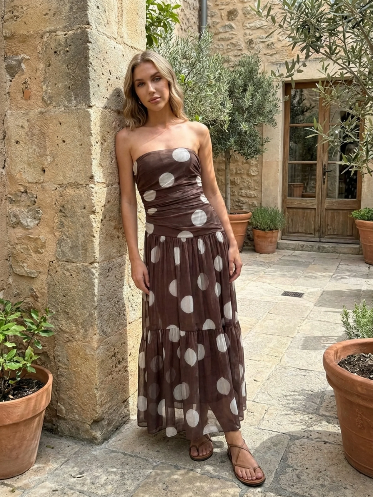 AMARIS Women's Polka Dot Strapless Ruched Mesh Tiered Maxi Dress