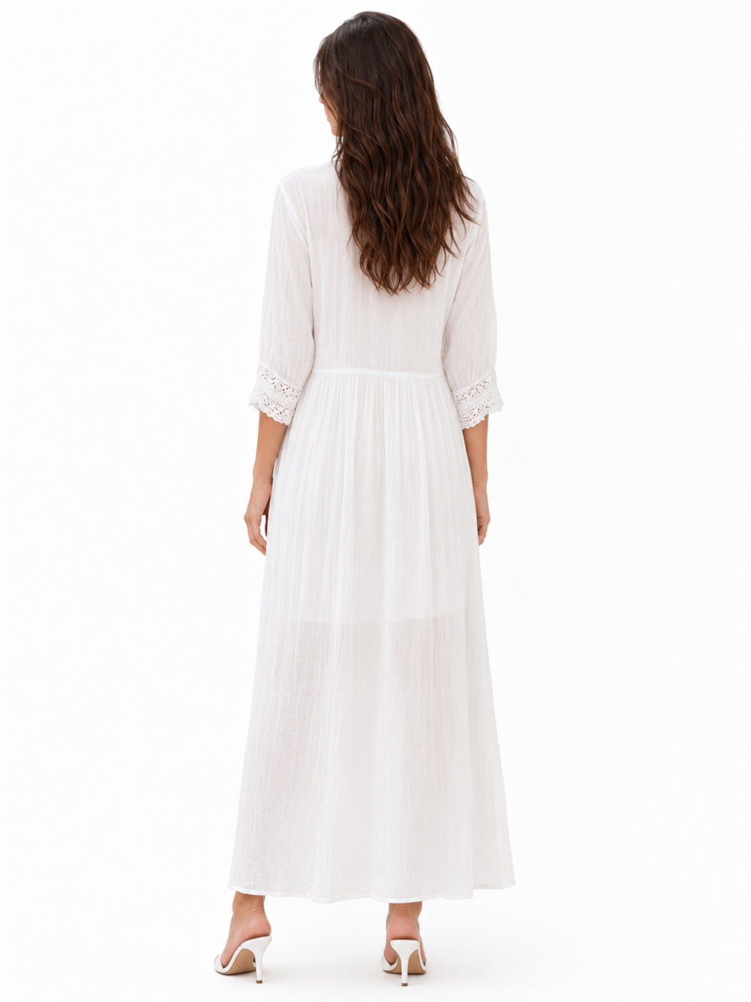 DORIANE Women's Lace Trim Cotton Linen Shirt Midi Dress