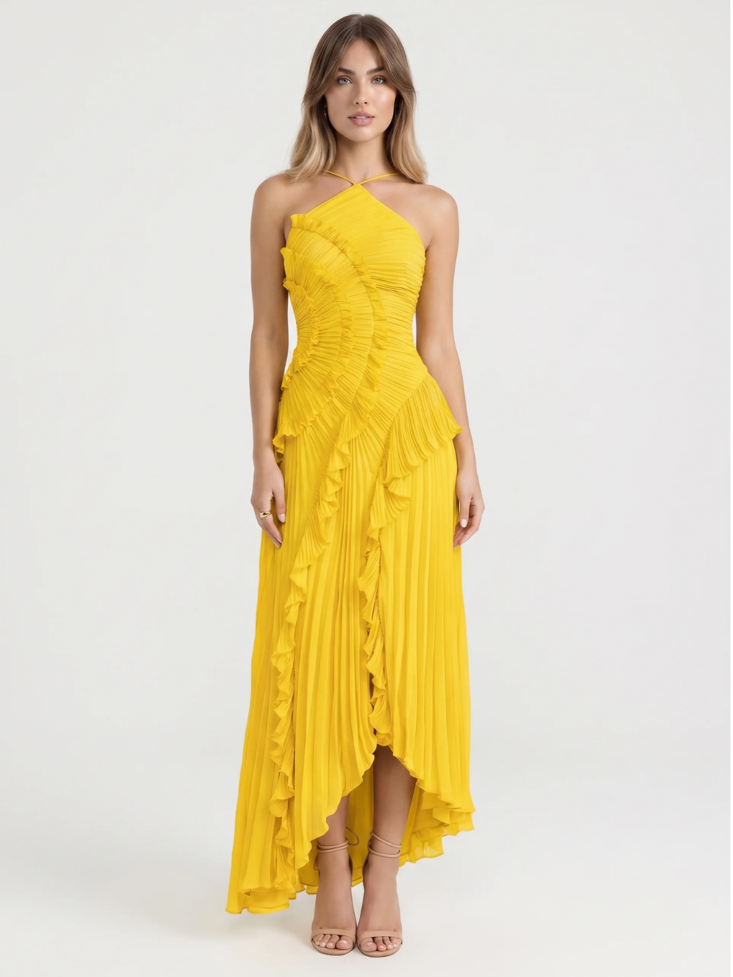 YOLINA Women's Pleated Asymmetric Ruffle Maxi Dress
