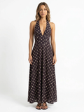 LYSANDRA Women's Printed Halter Neck Lace-Up A-Line Maxi Dress