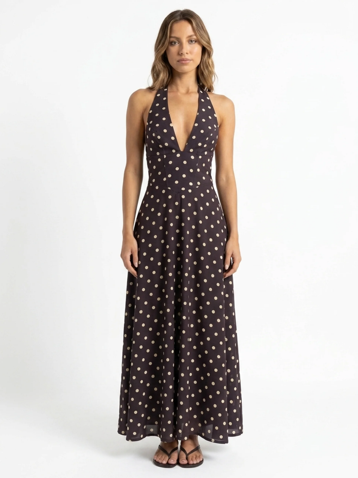 LYSANDRA Women's Printed Halter Neck Lace-Up A-Line Maxi Dress