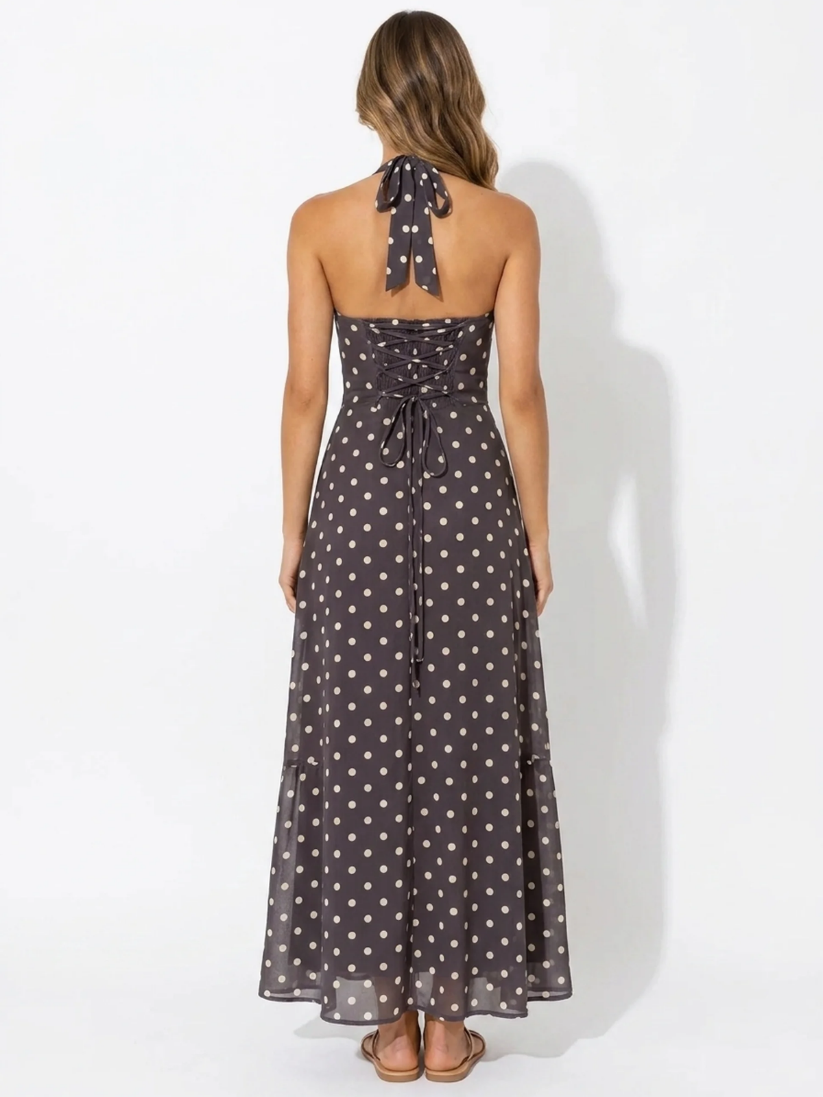 LYSANDRA Women's Printed Halter Neck Lace-Up A-Line Maxi Dress