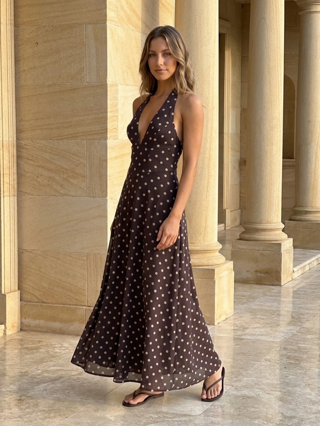 LYSANDRA Women's Printed Halter Neck Lace-Up A-Line Maxi Dress