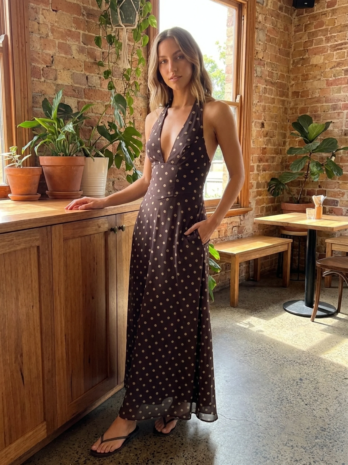 LYSANDRA Women's Printed Halter Neck Lace-Up A-Line Maxi Dress