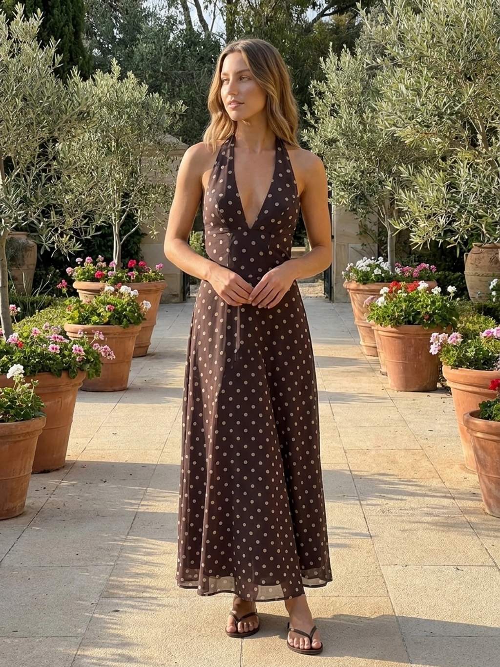 LYSANDRA Women's Printed Halter Neck Lace-Up A-Line Maxi Dress