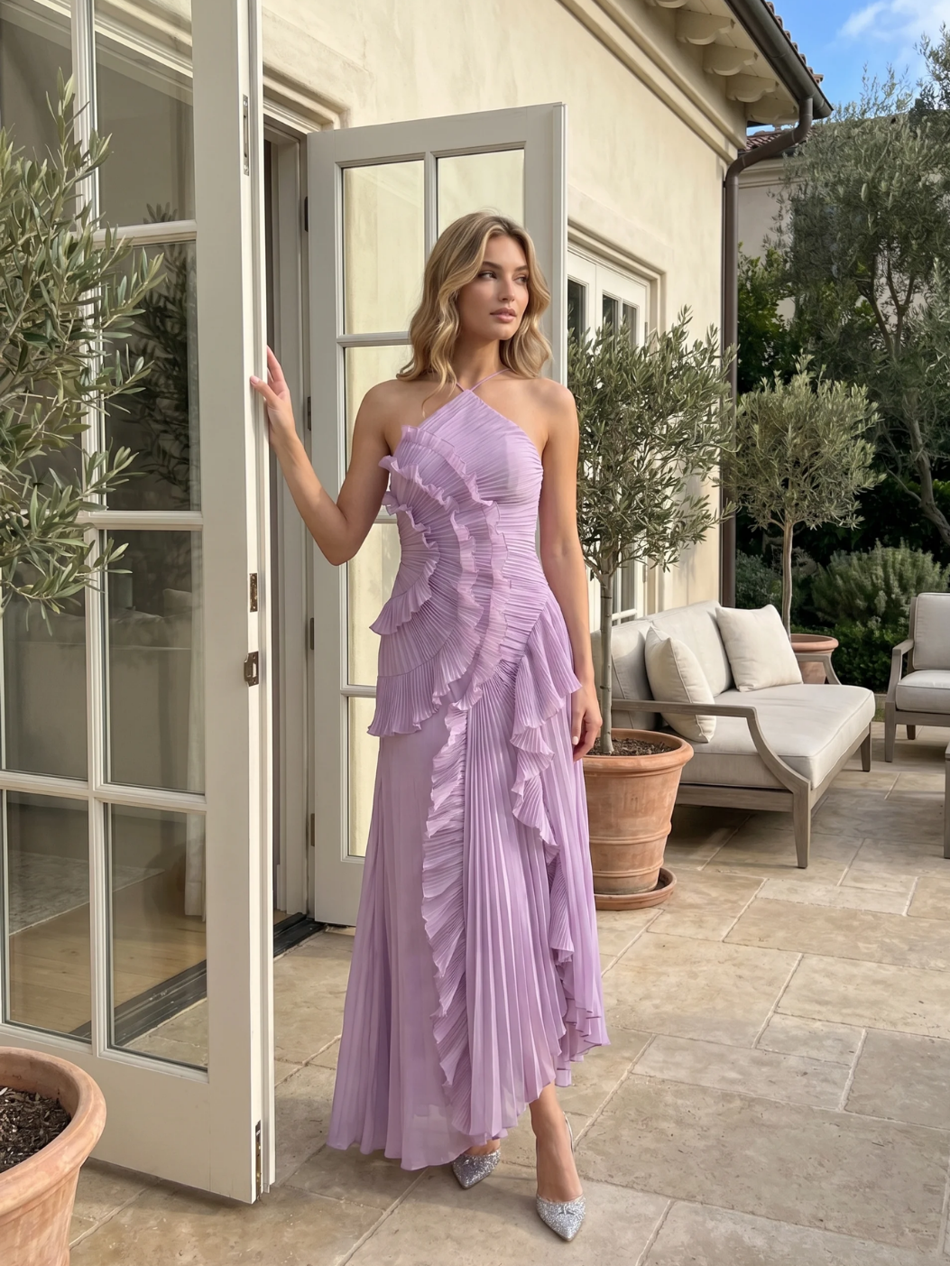 YOLINA Women's Pleated Asymmetric Ruffle Maxi Dress
