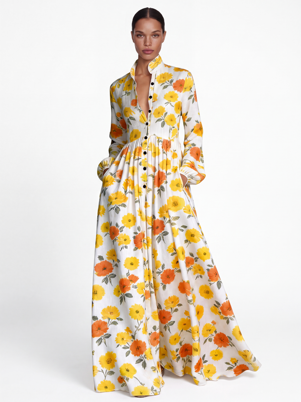 SOLETTE Women's Floral Print Plunge Pleated Shirt Maxi Dress