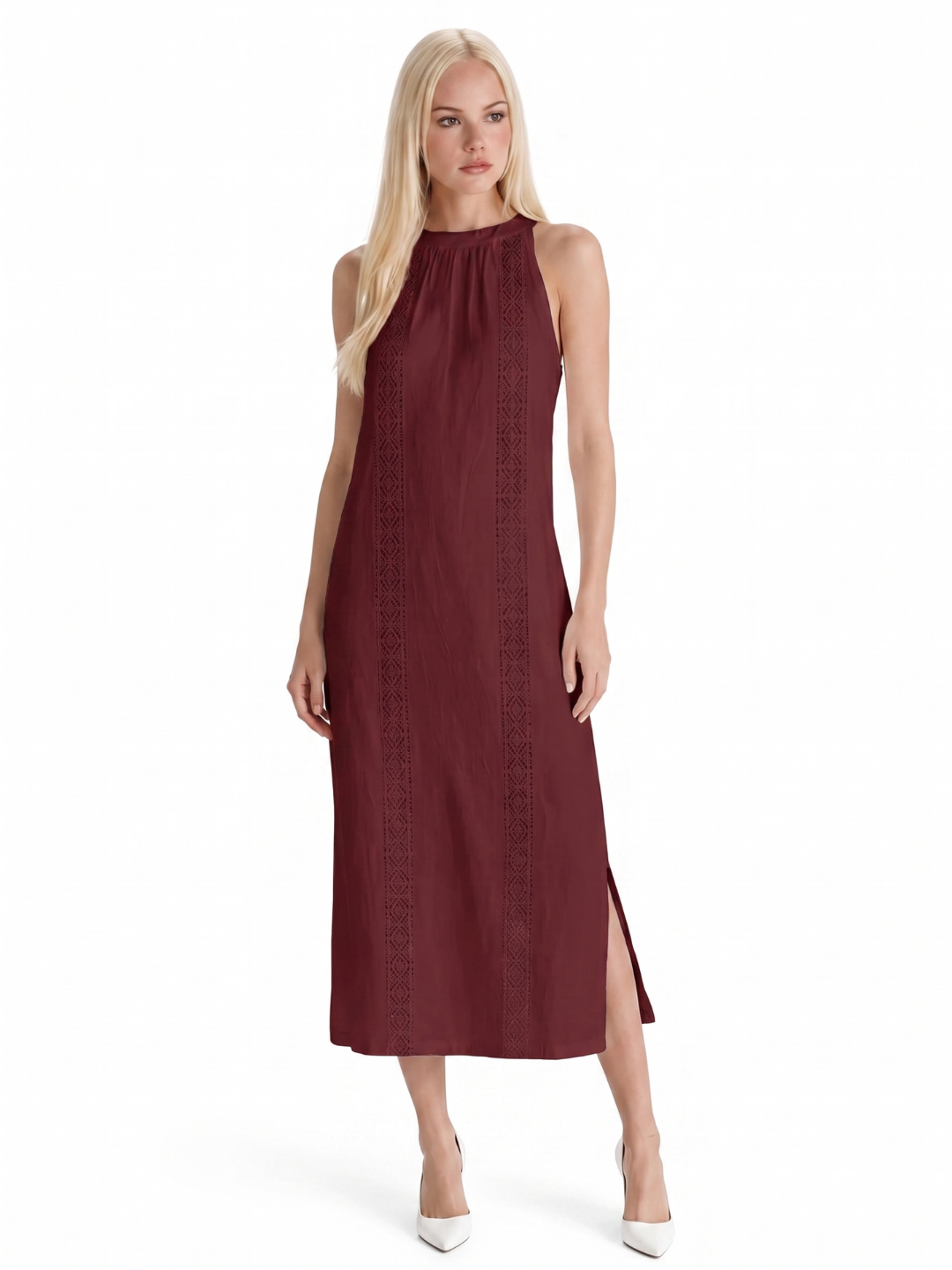 ULANI Women's Sleeveless Embroidered Mandarin Collar Midi Dress