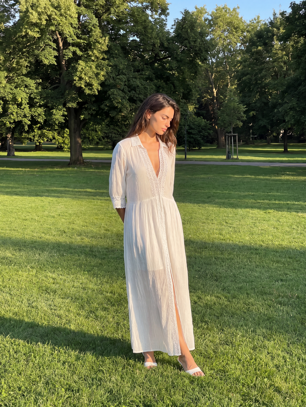 DORIANE Women's Lace Trim Cotton Linen Shirt Midi Dress