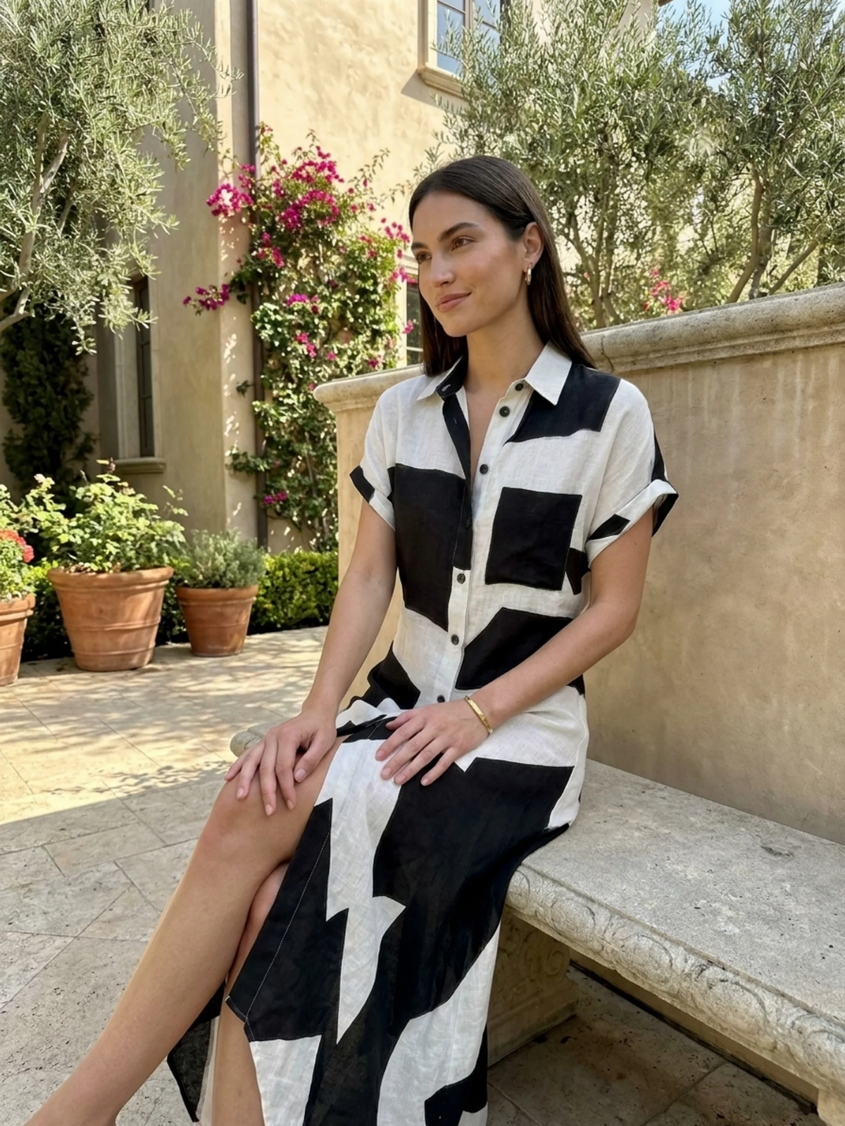 WINTERSAGE Women's Geometric Print Button-Front Maxi Shirt Dress