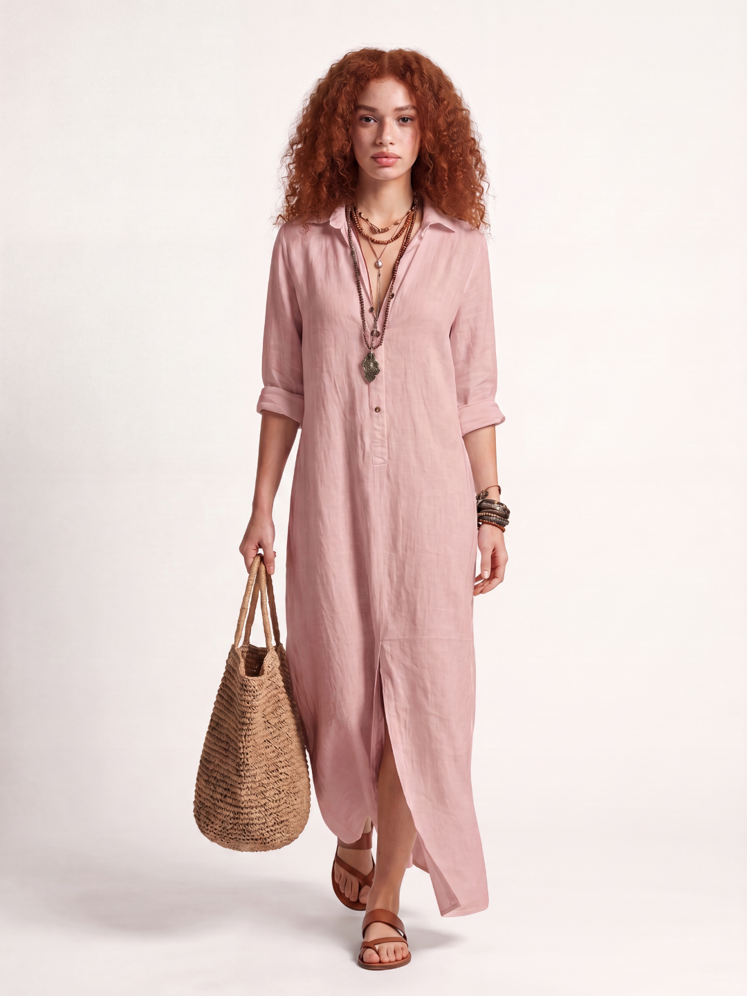 DELLWYN Women's Long-Sleeve Linen Maxi Shirt Dress with Side Slits