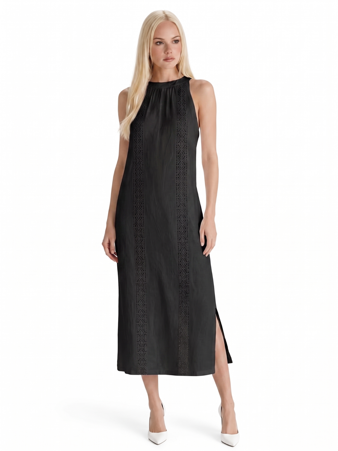 ULANI Women's Sleeveless Embroidered Mandarin Collar Midi Dress
