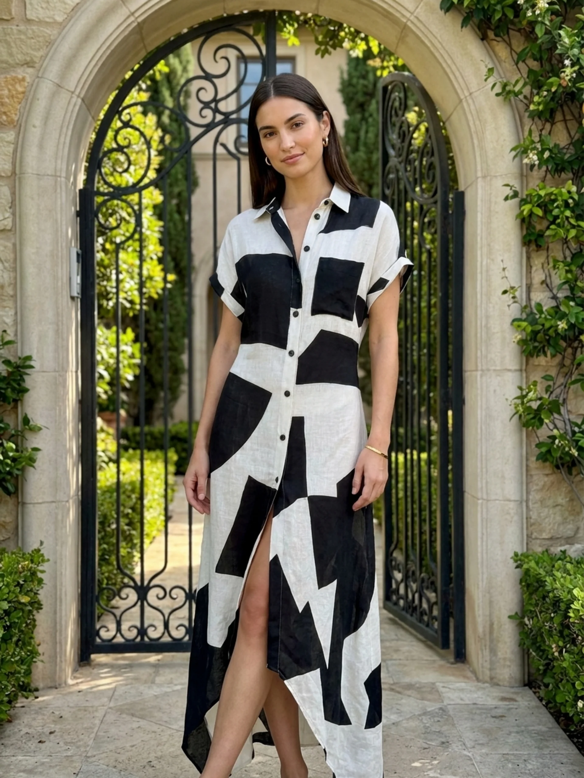 WINTERSAGE Women's Geometric Print Button-Front Maxi Shirt Dress