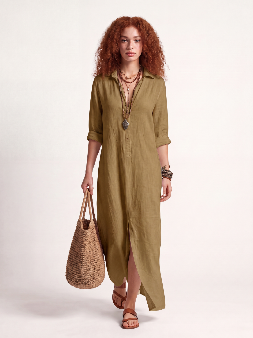 DELLWYN Women's Long-Sleeve Linen Maxi Shirt Dress with Side Slits