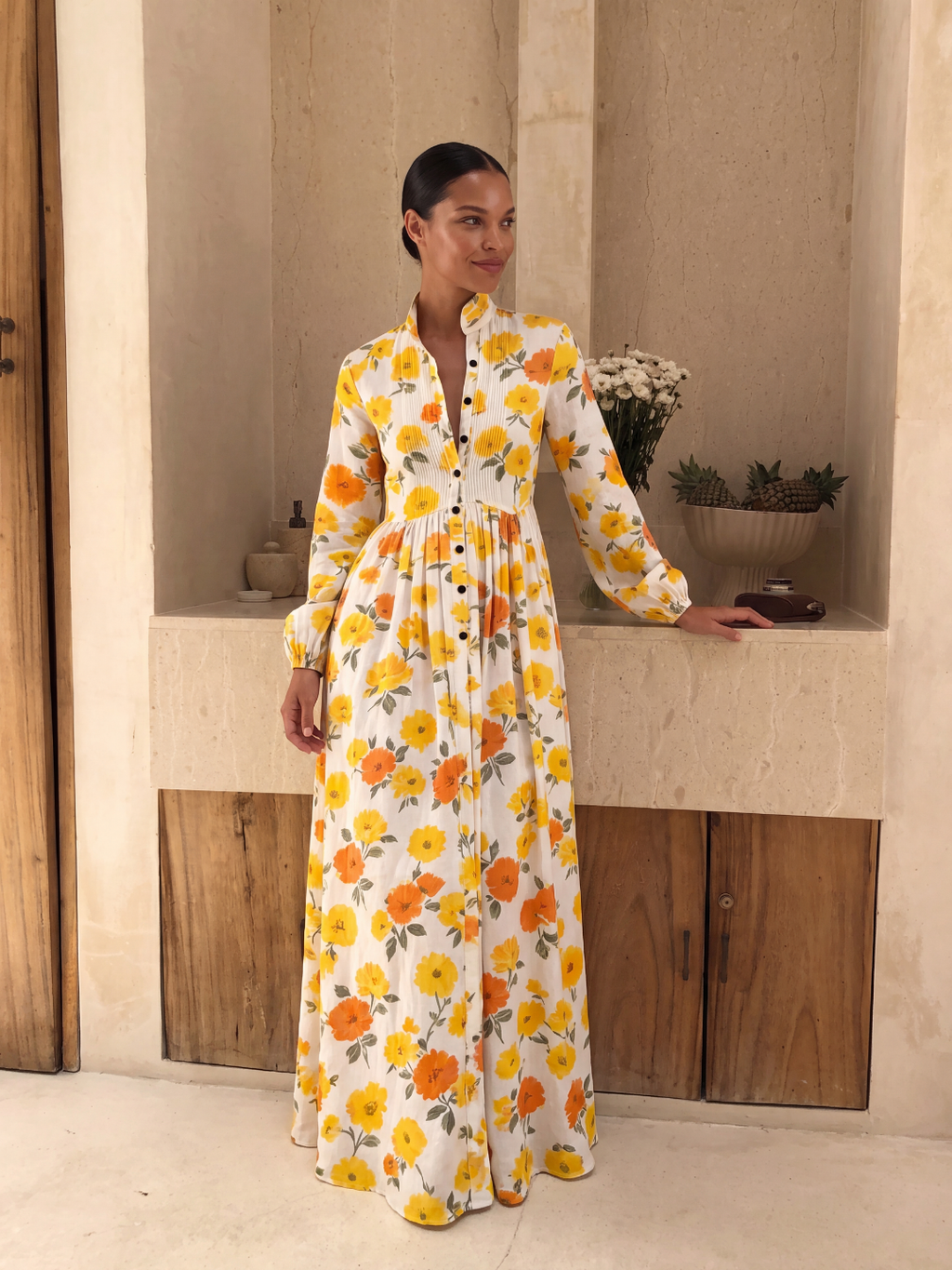 SOLETTE Women's Floral Print Plunge Pleated Shirt Maxi Dress