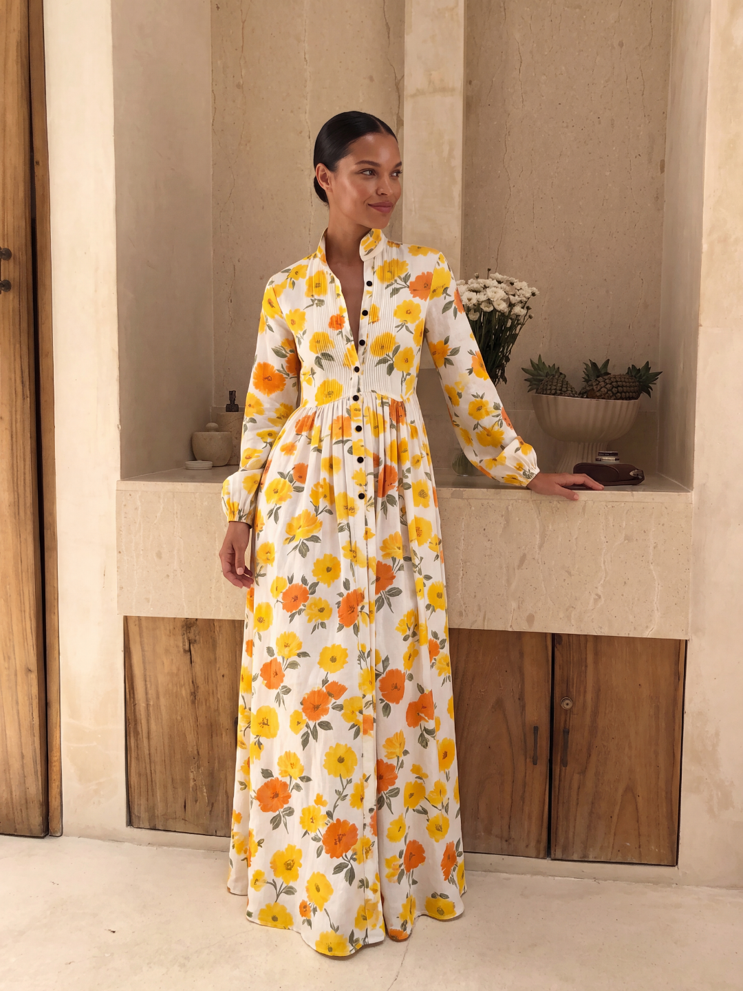 SOLETTE Women's Floral Print Plunge Pleated Shirt Maxi Dress