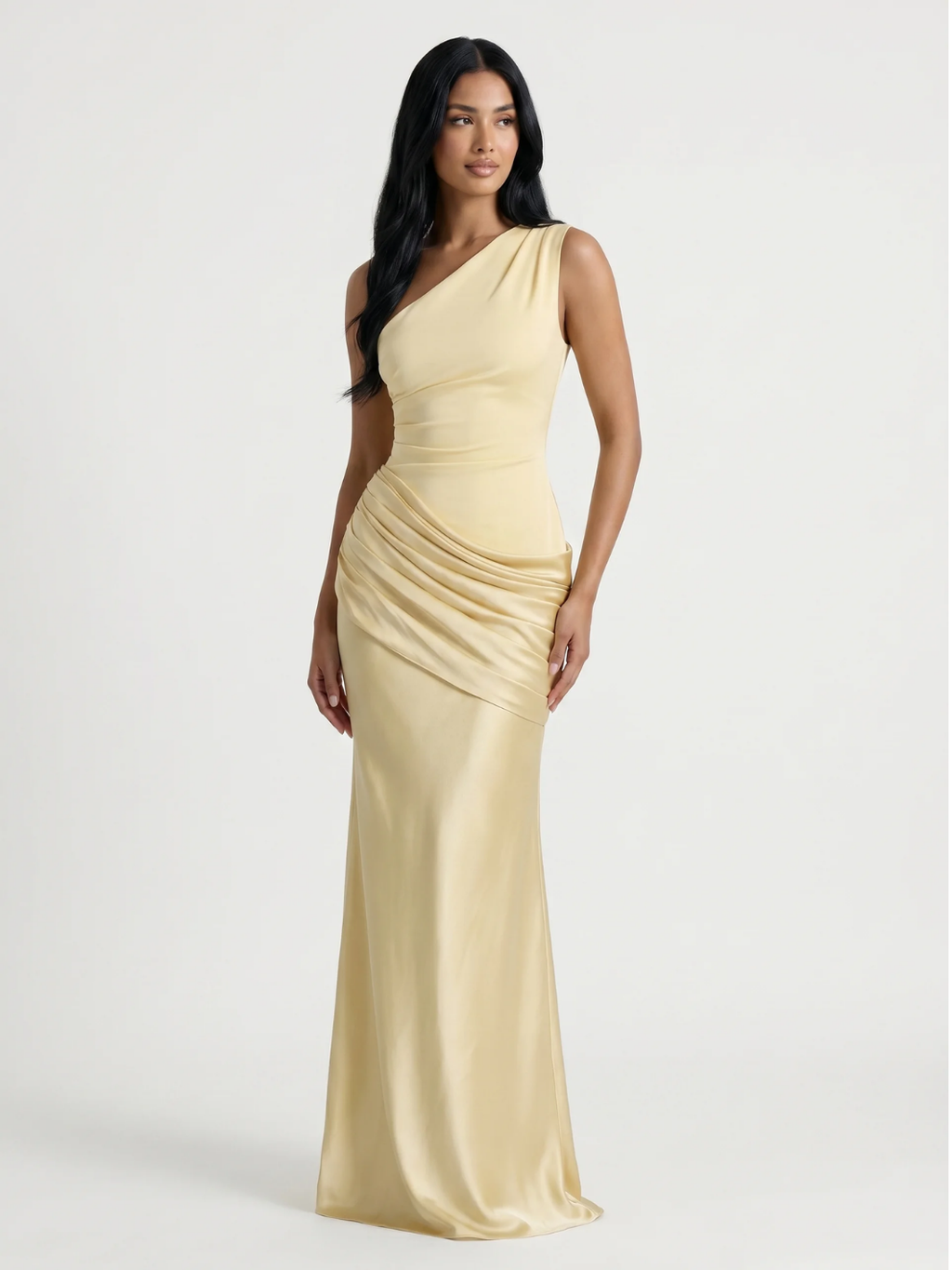 ELLOWEN Women's One-Shoulder Draped Satin Column Maxi Dress