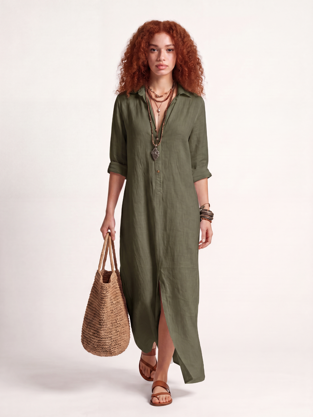 DELLWYN Women's Long-Sleeve Linen Maxi Shirt Dress with Side Slits