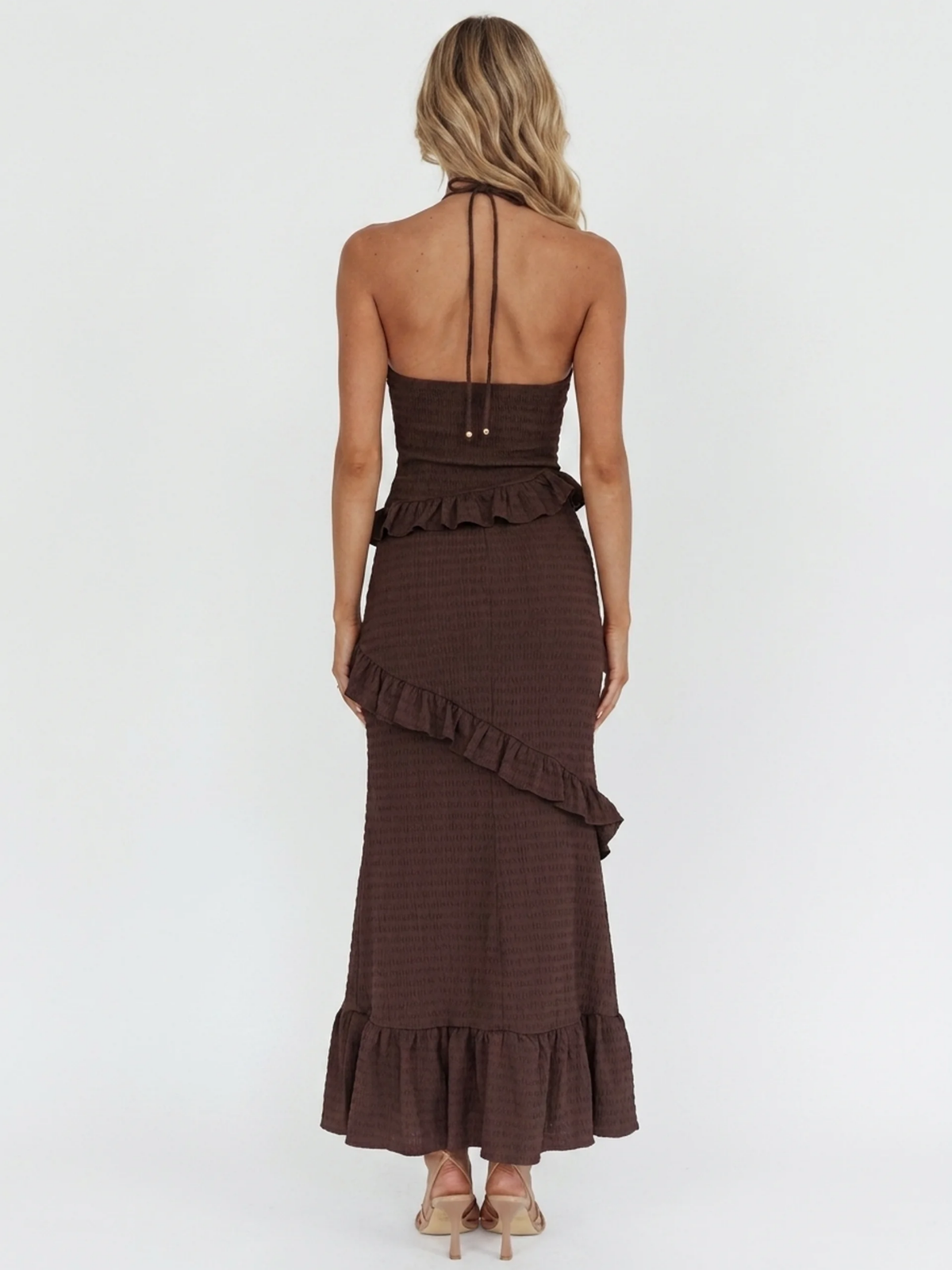 MARISELA Women's Halter Keyhole Smocked Frill-Trim Maxi Dress