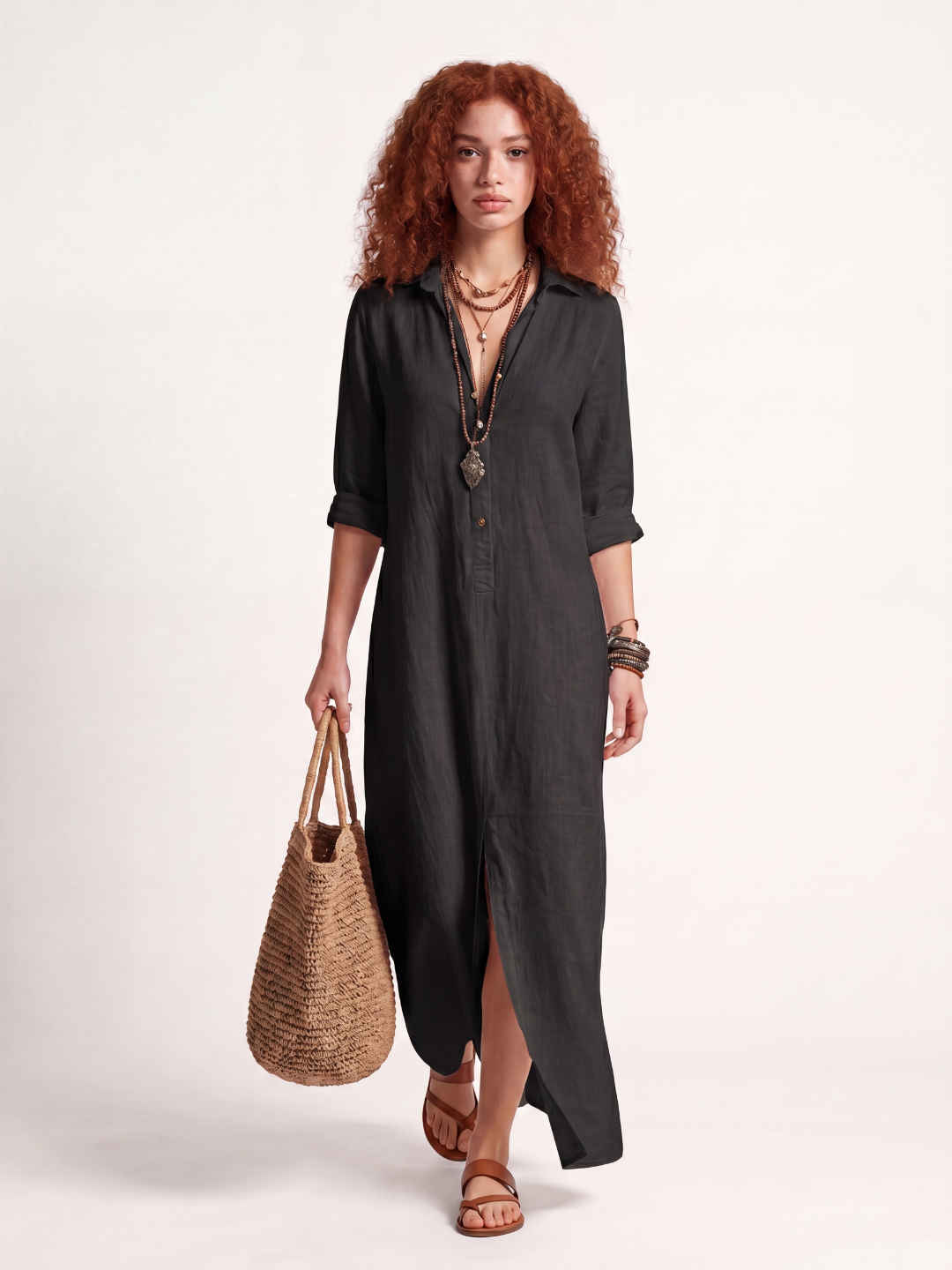DELLWYN Women's Long-Sleeve Linen Maxi Shirt Dress with Side Slits