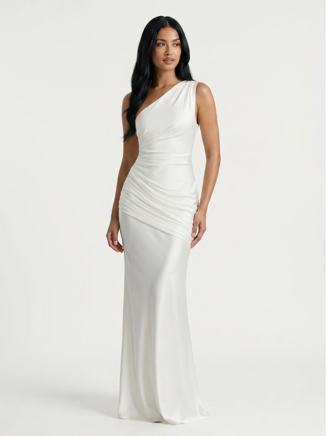 ELLOWEN Women's One-Shoulder Draped Satin Column Maxi Dress