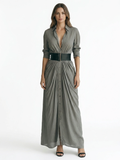 WYNNIFRED Women's Pleated Belted Button-Front Maxi Shirt Dress