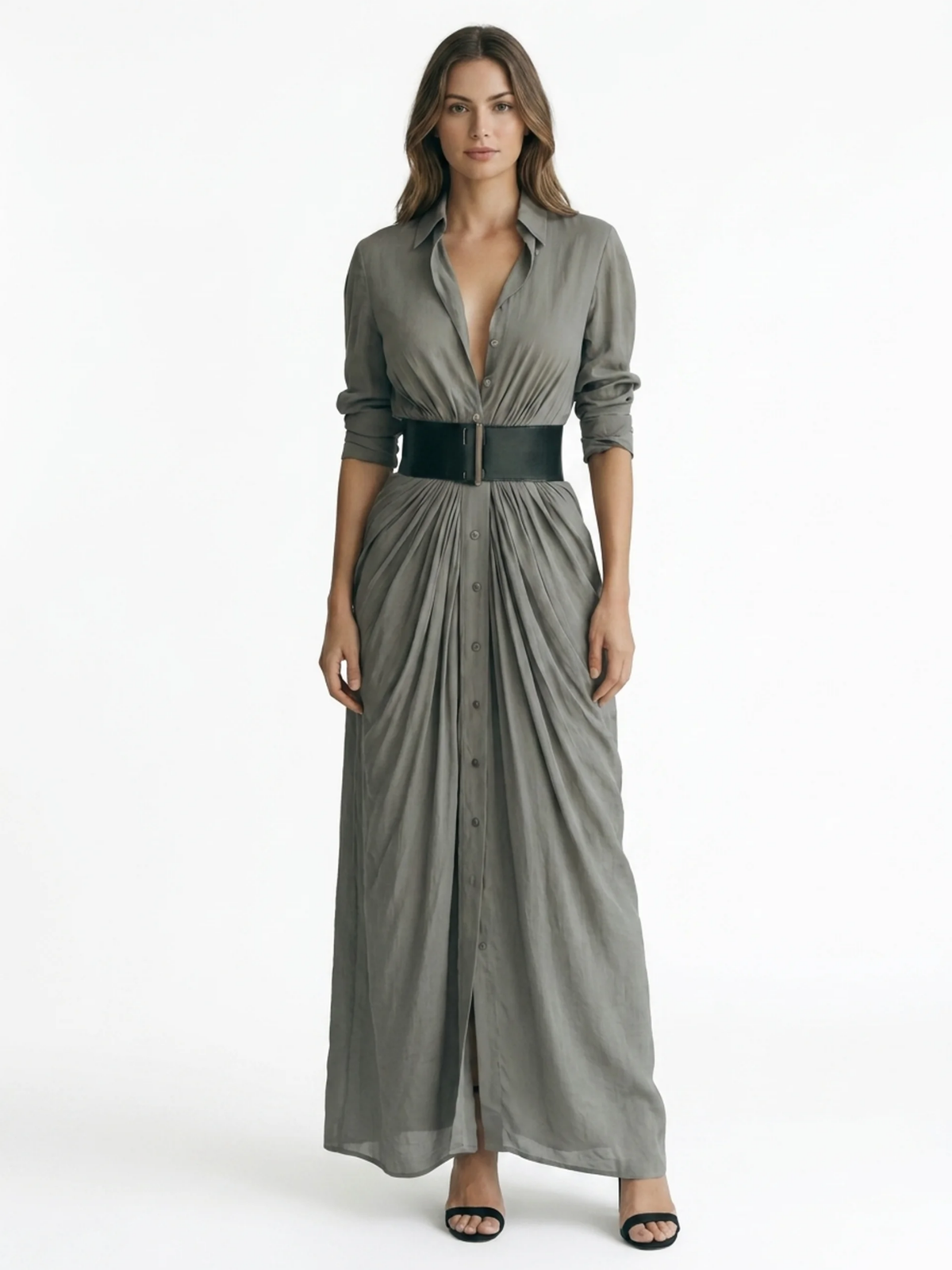 WYNNIFRED Women's Pleated Belted Button-Front Maxi Shirt Dress