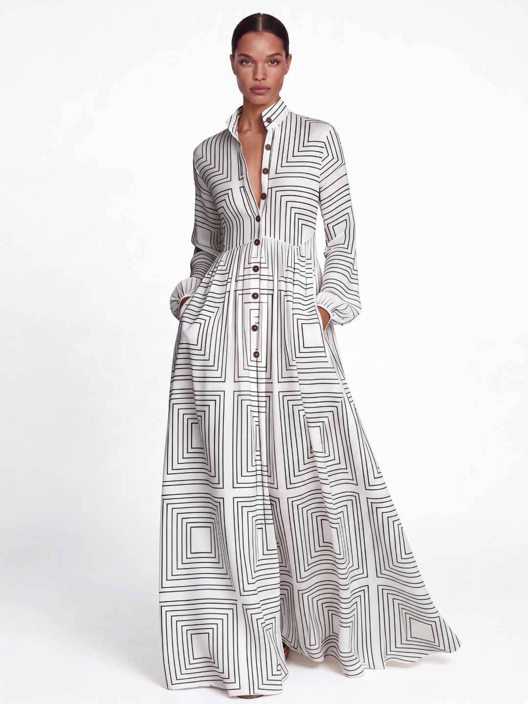 SOLETTE Women's Floral Print Plunge Pleated Shirt Maxi Dress