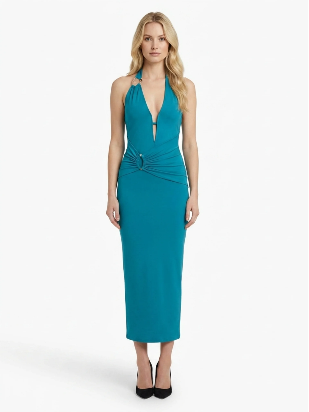 LORELAI Women's Deep V-Neck Halter Ruched Bodycon Maxi Dress