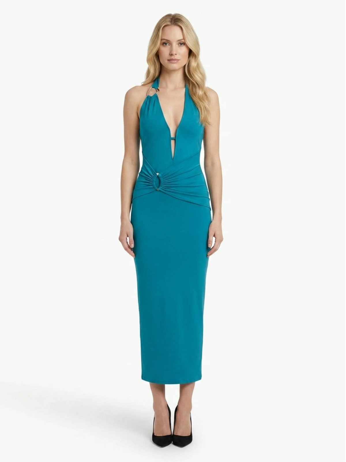 LORELAI Women's Deep V-Neck Halter Ruched Bodycon Maxi Dress