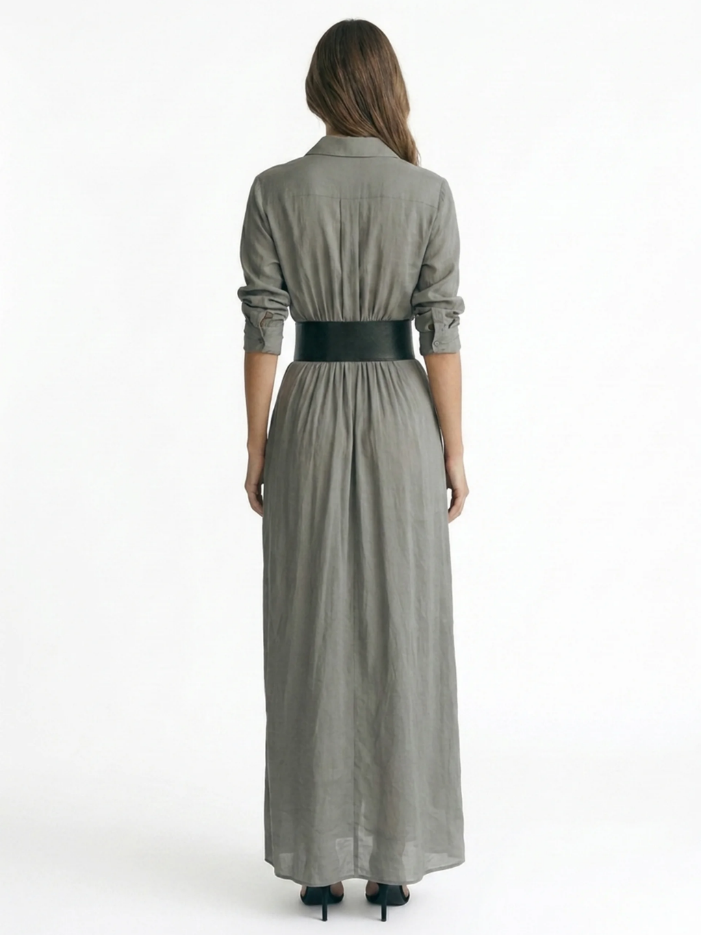 WYNNIFRED Women's Pleated Belted Button-Front Maxi Shirt Dress