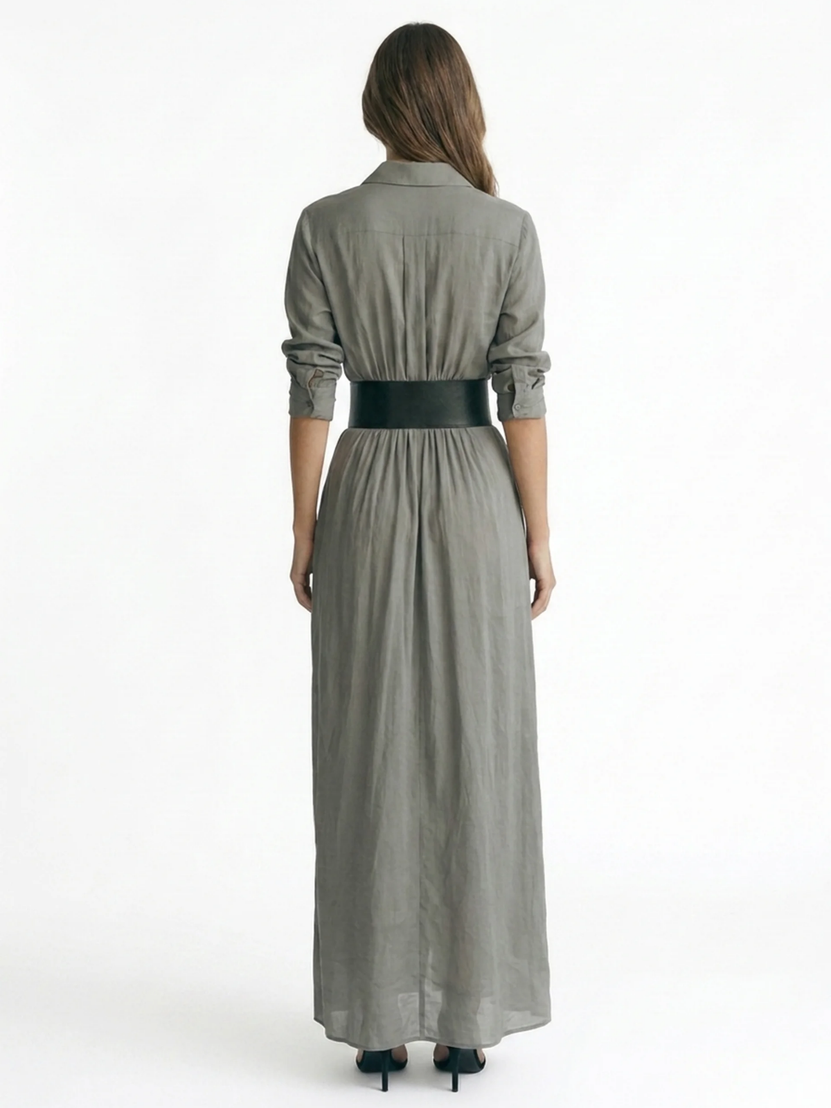 WYNNIFRED Women's Pleated Belted Button-Front Maxi Shirt Dress