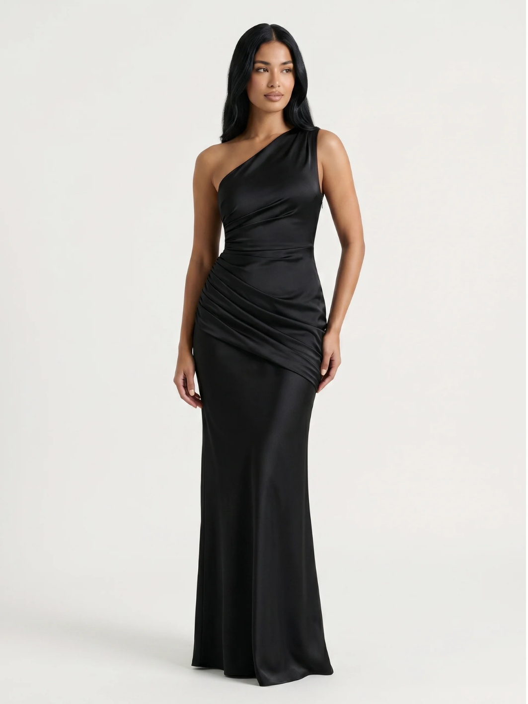 ELLOWEN Women's One-Shoulder Draped Satin Column Maxi Dress