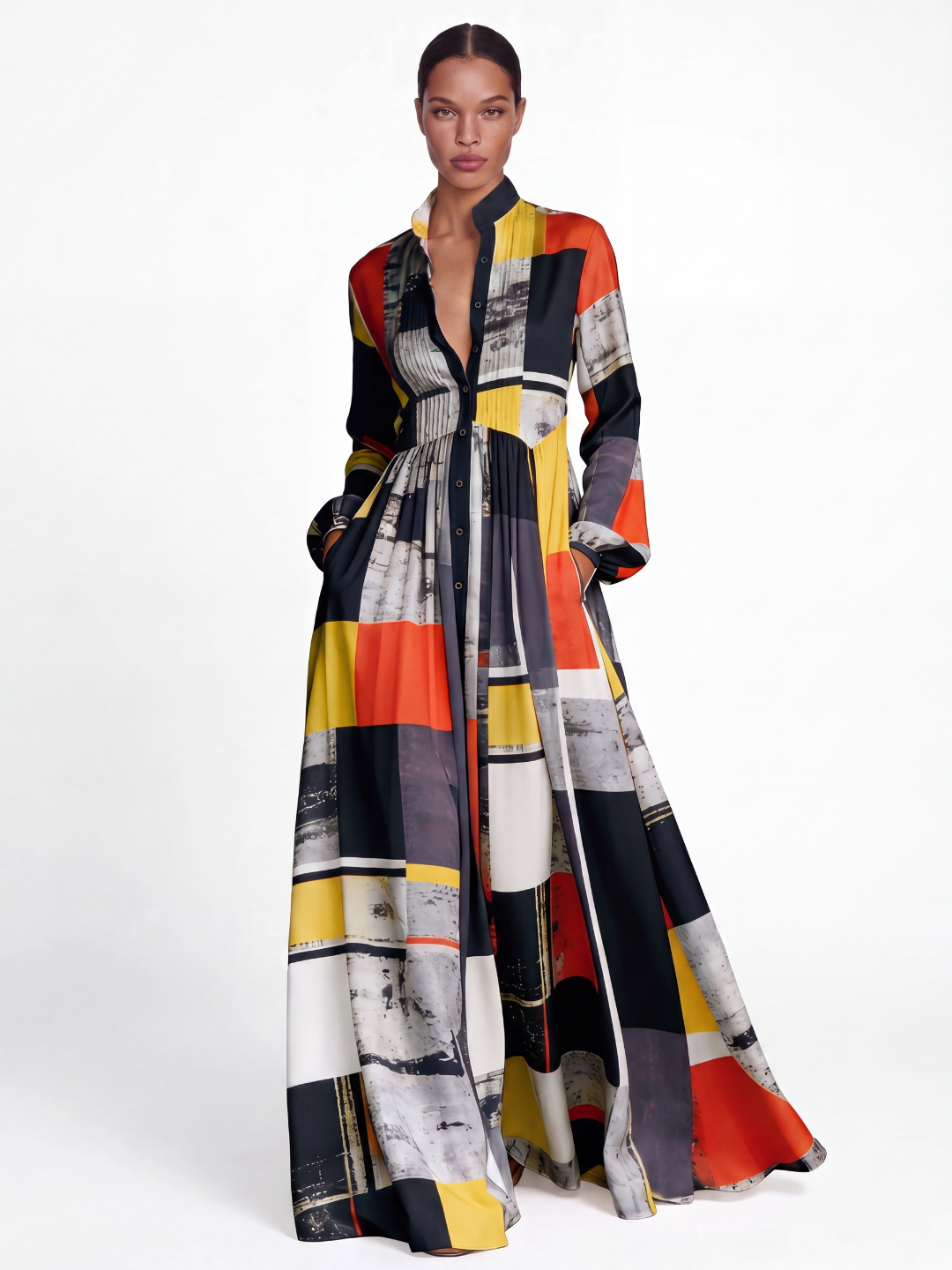 SOLETTE Women's Floral Print Plunge Pleated Shirt Maxi Dress