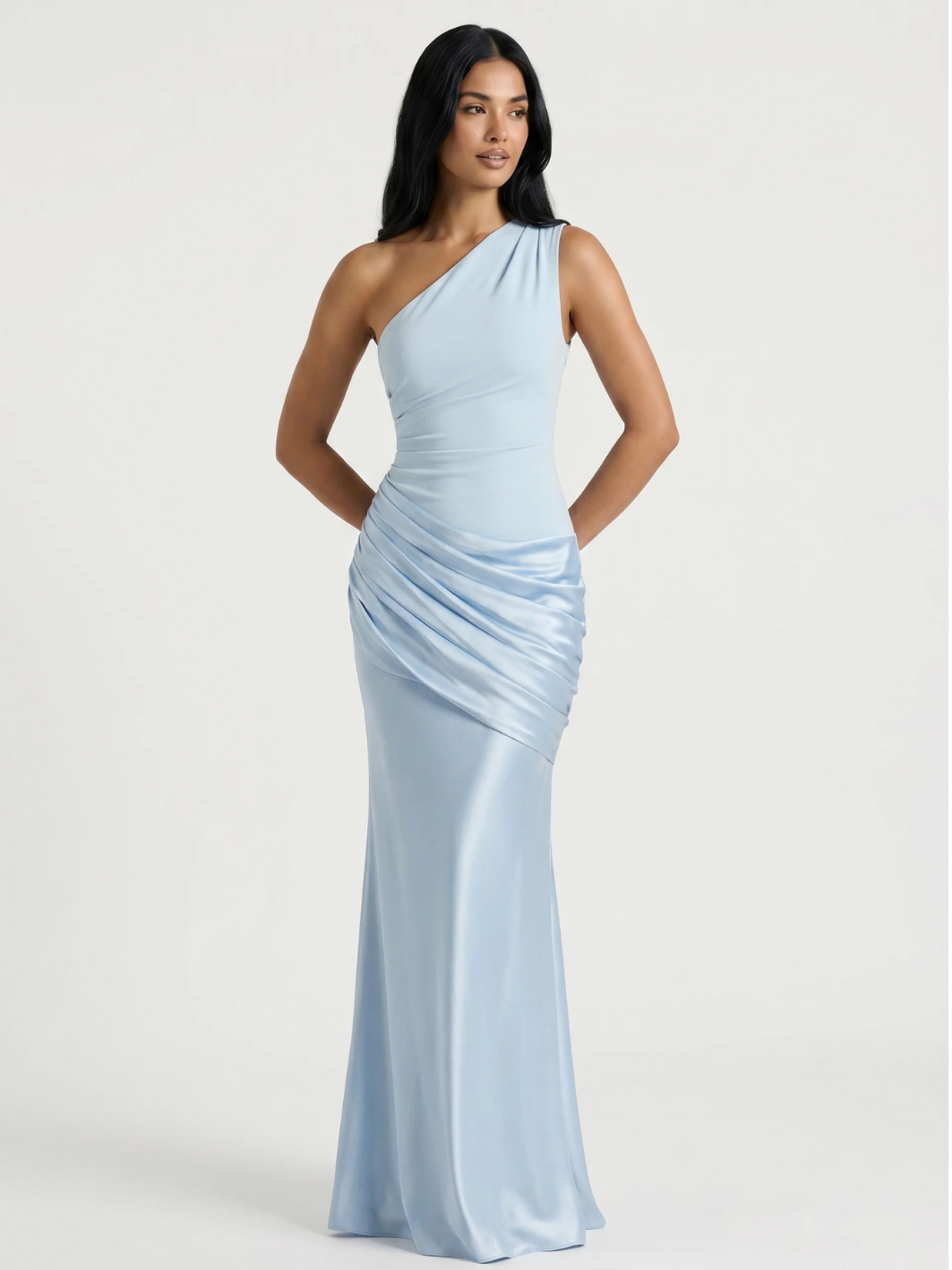 ELLOWEN Women's One-Shoulder Draped Satin Column Maxi Dress