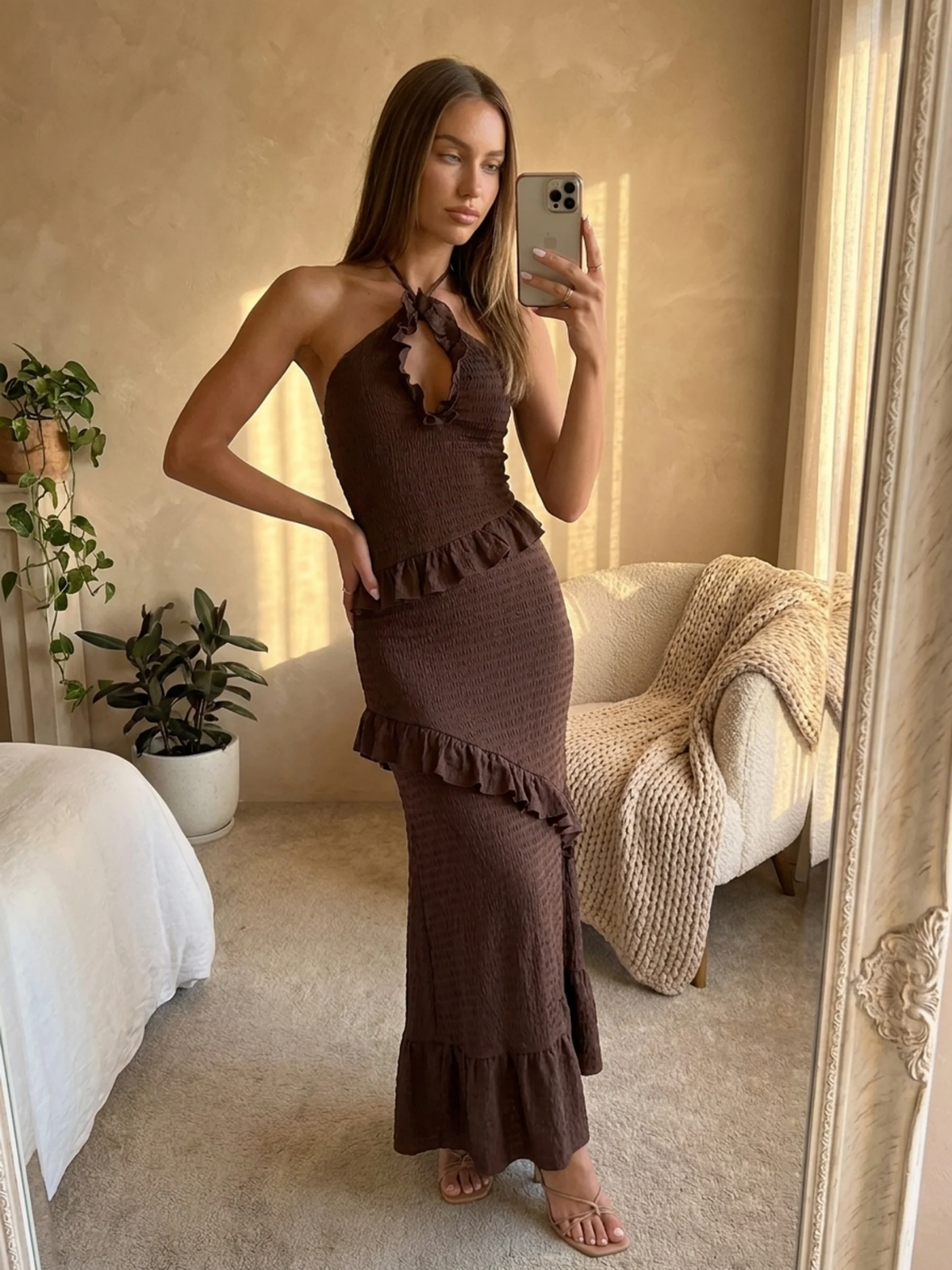 MARISELA Women's Halter Keyhole Smocked Frill-Trim Maxi Dress