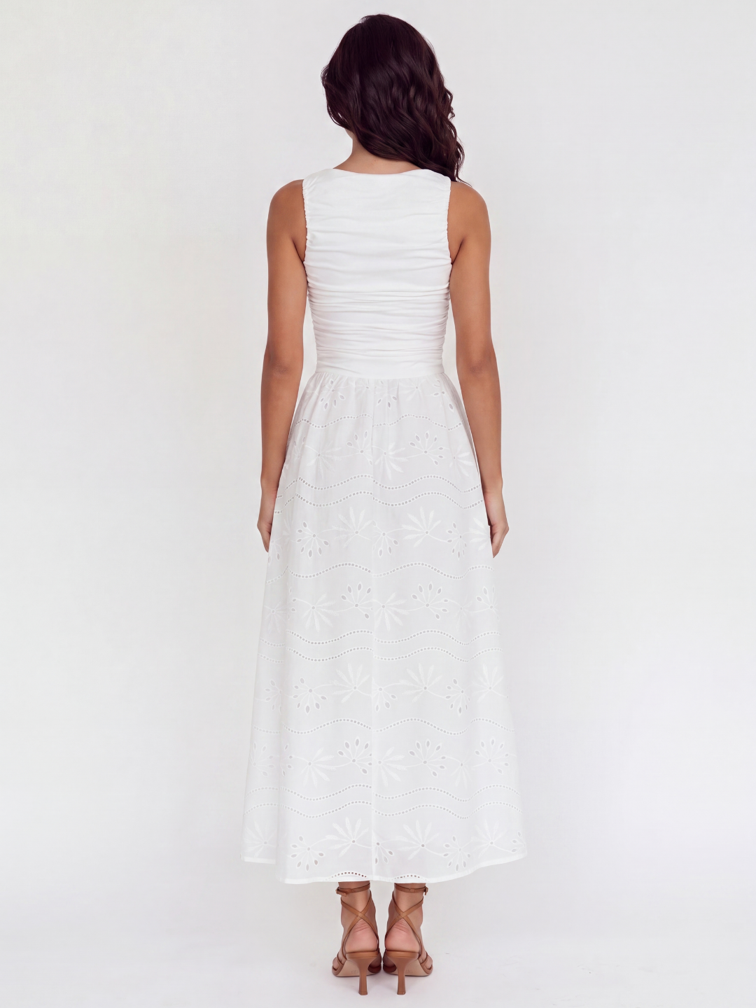NOOR Women's Sleeveless Eyelet Maxi Dress with Ruched Bodice