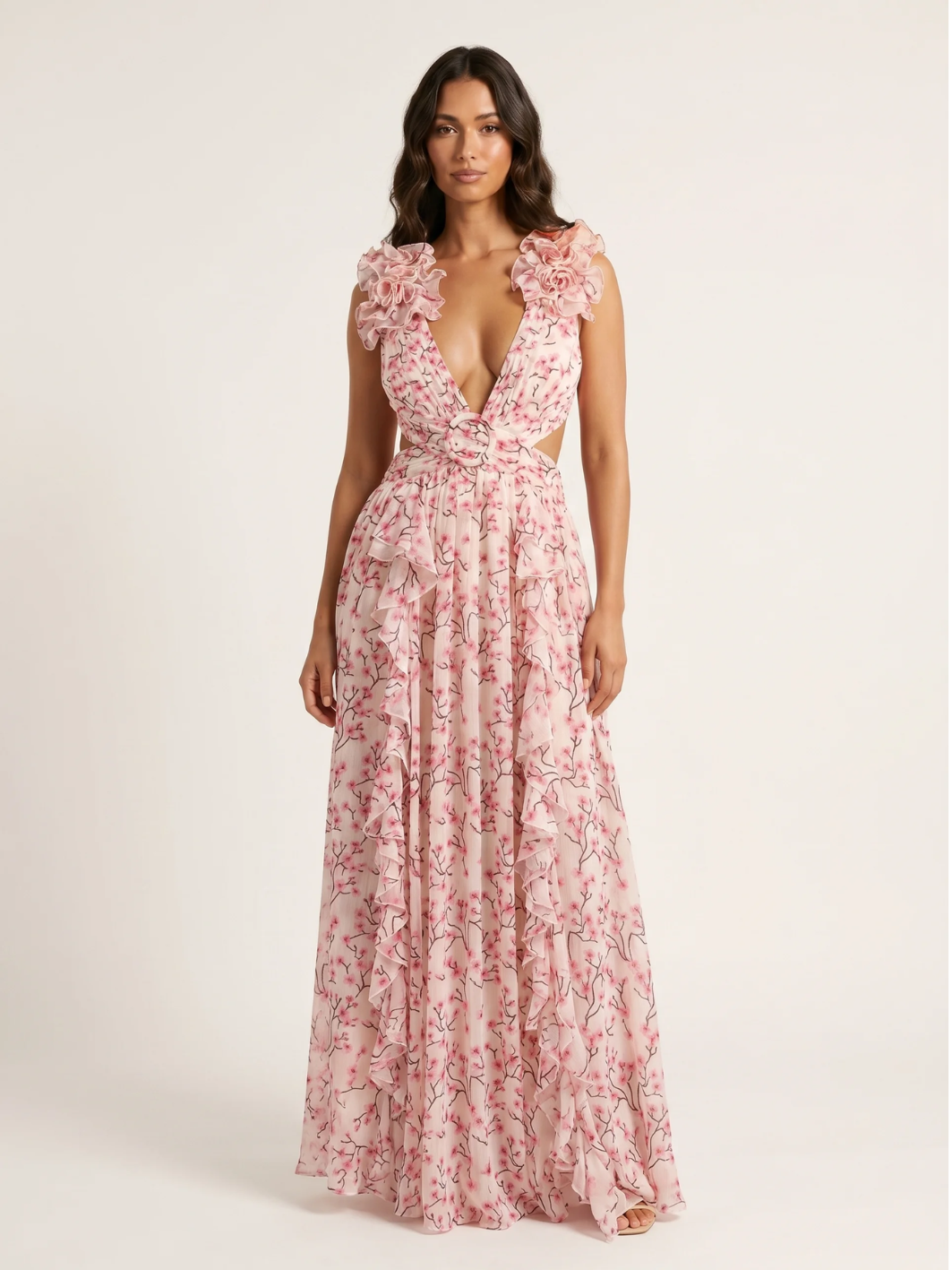 CYRIELLE Women's Floral Plunge Cut-Out Chiffon Maxi Dress