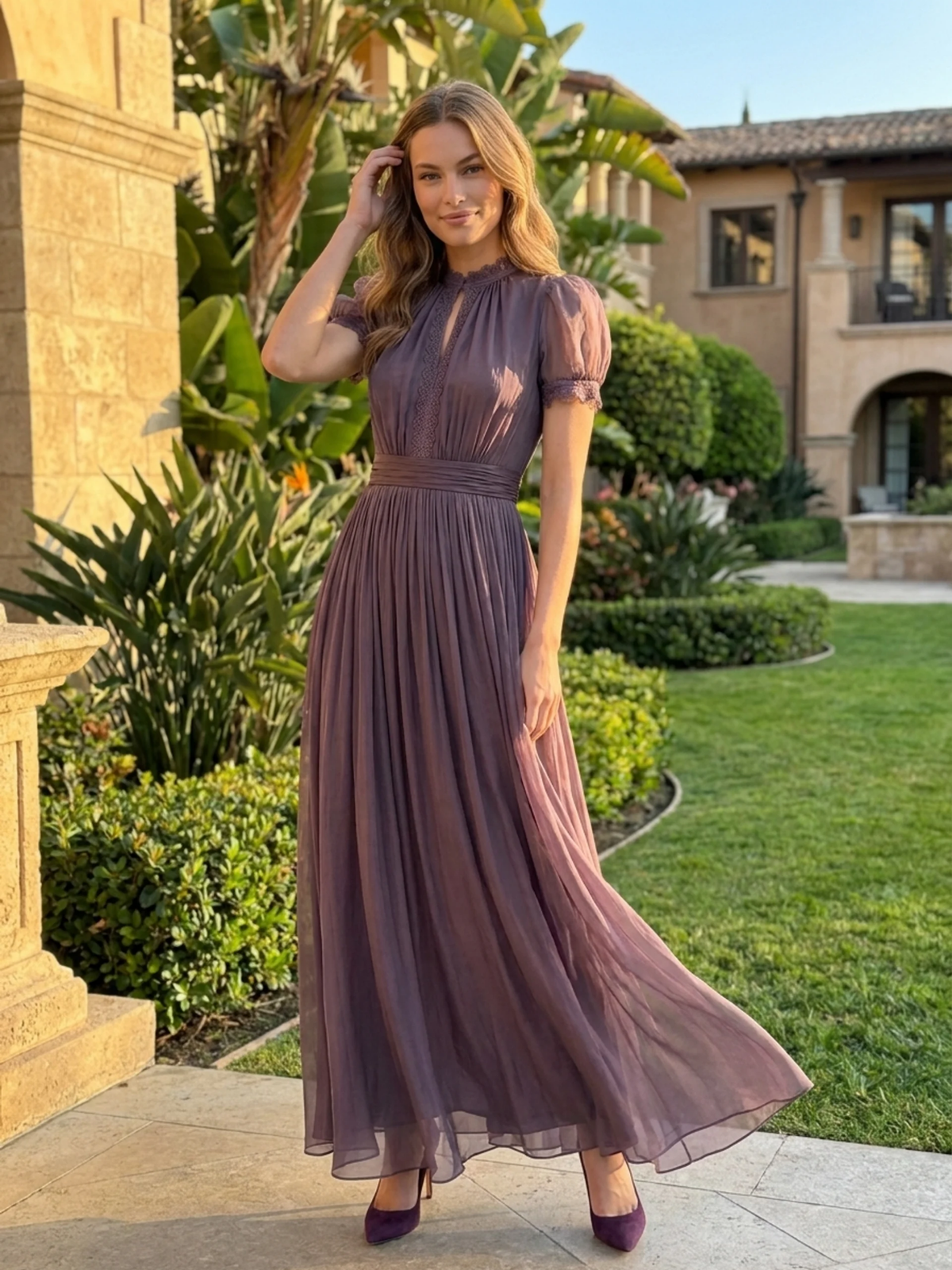TULLIA Women's Lace Keyhole Chiffon Maxi Dress
