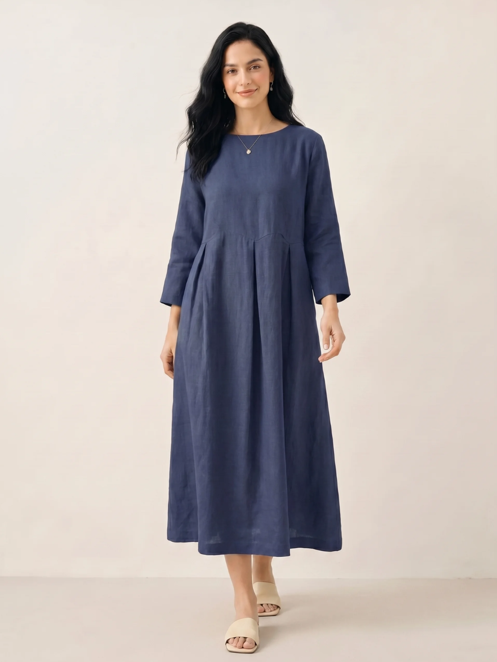 JESSAMYN Women's Long-Sleeve Linen Pleated Maxi Dress with Pockets