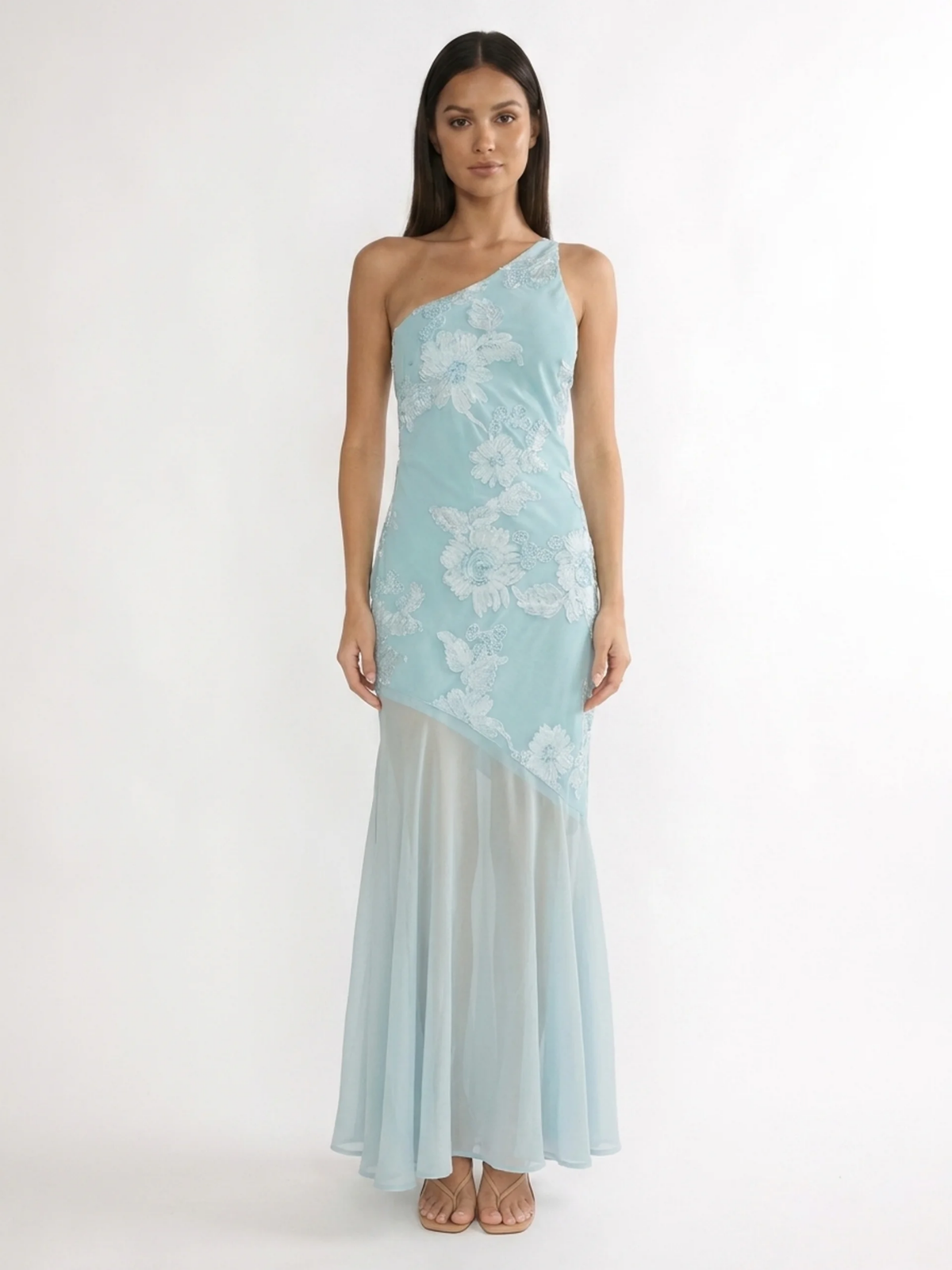AMBERLYN Women's One-Shoulder Floral Sheer-Hem Maxi Dress