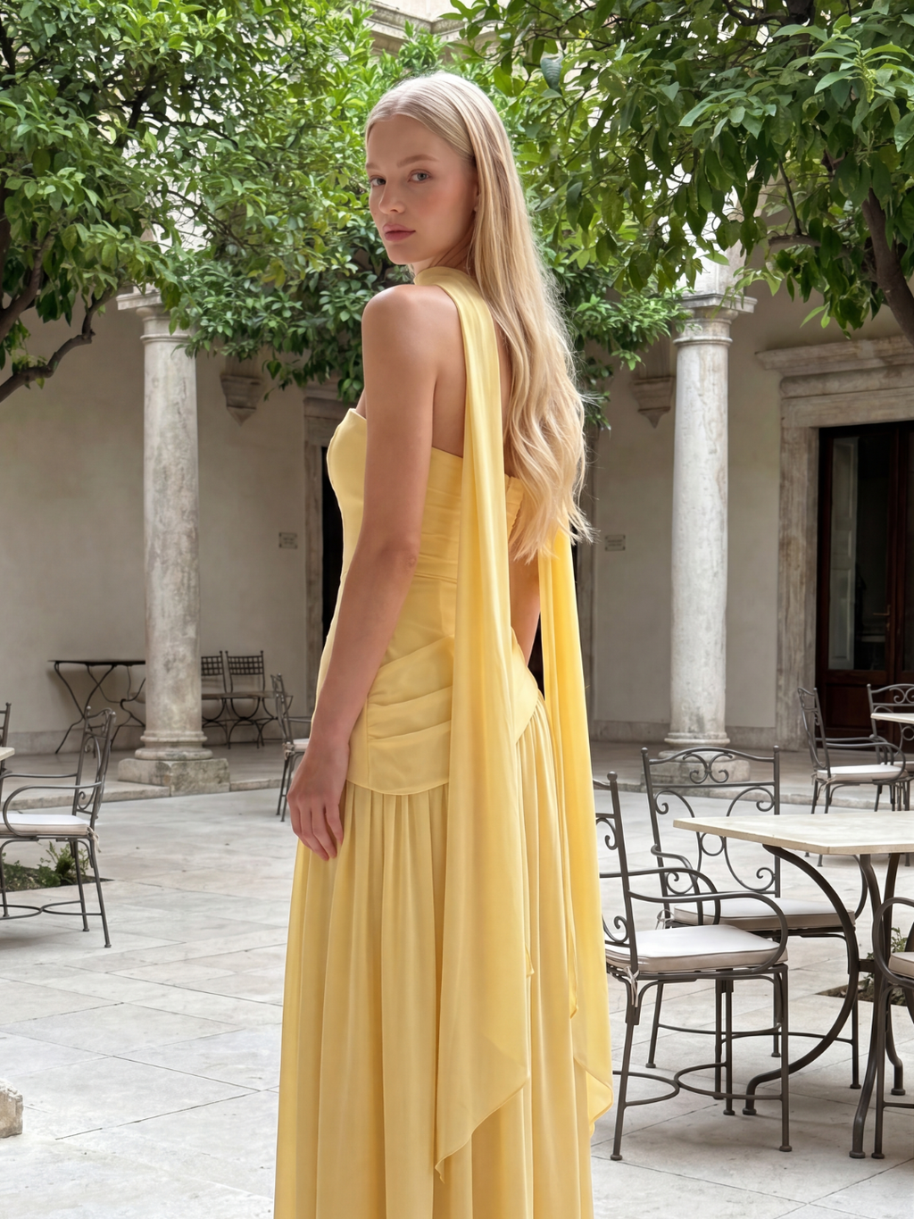 SABLE Women's Strapless Asymmetric Contrast Maxi Dress with Choker