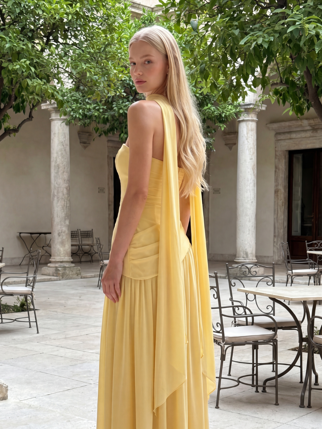 SABLE Women's Strapless Asymmetric Contrast Maxi Dress with Choker