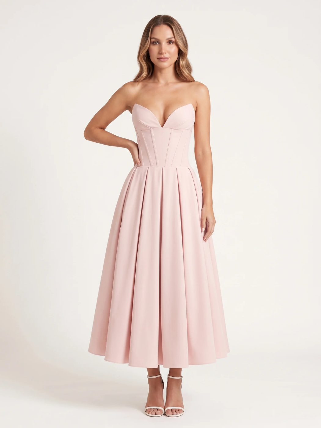 VIANNE Women's Strapless Sweetheart Midi Dress with Full Skirt