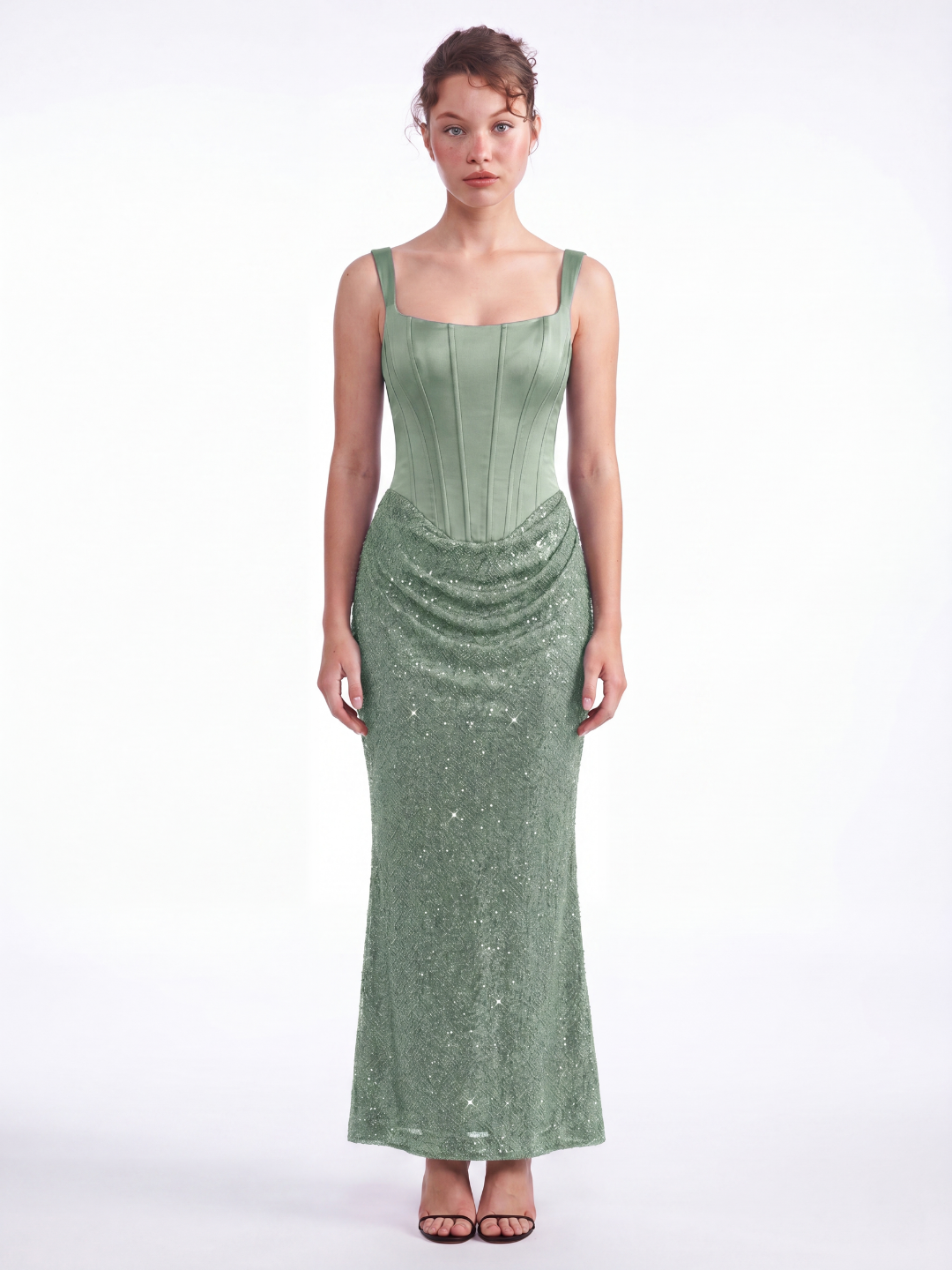 ETTAMAE Women's Corset Midi Dress with Embellished Skirt