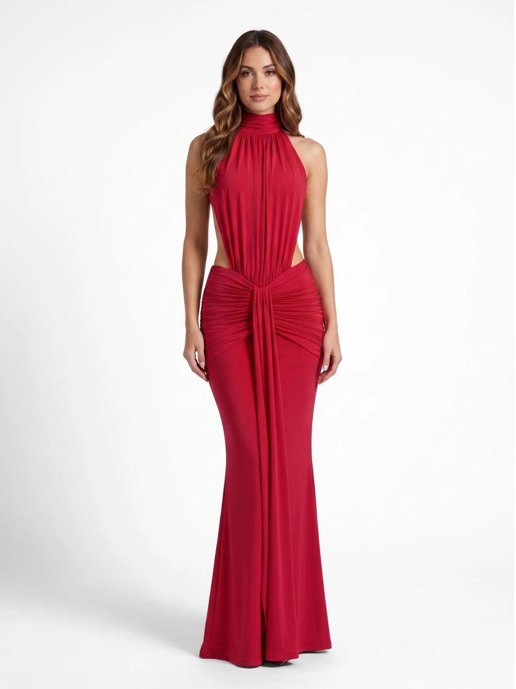 BELINDA Women's Halter Neck Side-Cutout Ruched Waist Maxi Dress